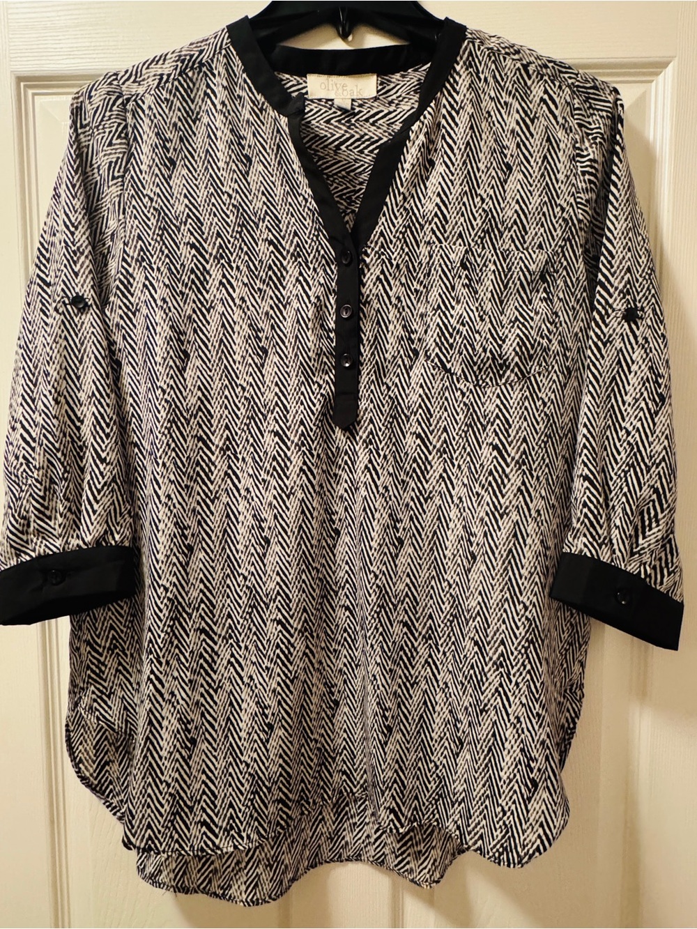 Olive & Oak Black and White Chevron Henley Blouse